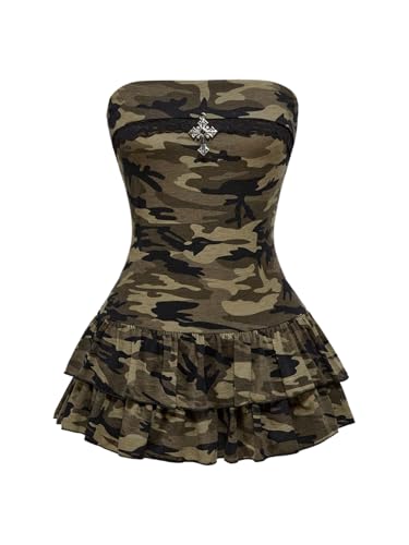 SOLY HUX Women's Y2k Camo Tube Mini Dress Strapless Sleeveless Layered Ruffle A Line Going Out Party Dresses Army Green Camo Large