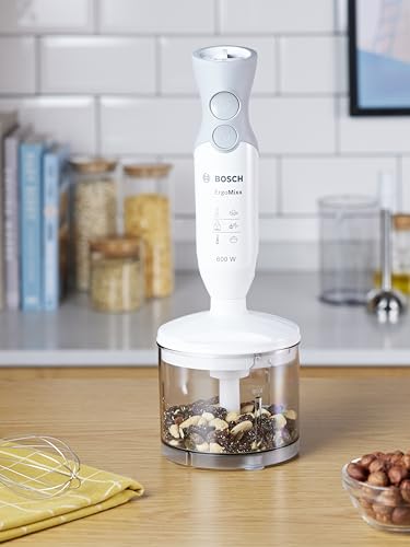 Bosch MSM66155 set štapne miješalice, 600 W, stopa za miješanje od nehrđajućeg čelika, univerzalna sjeckalica, ProPuree nastavak za gnječenje, bijela/telesiva