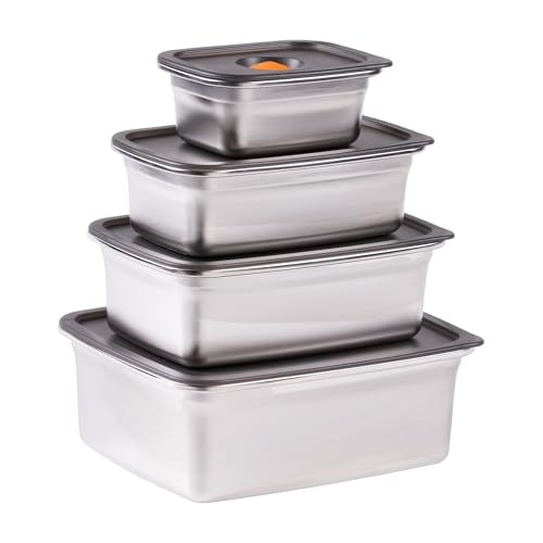 STONELINE Juego de recipientes al vacío de acero inoxidable con tapa, 300/700/1200/2300 ml, para microondas, horno, congelación, a prueba de fugas, sin BPA, recipiente para alimentos