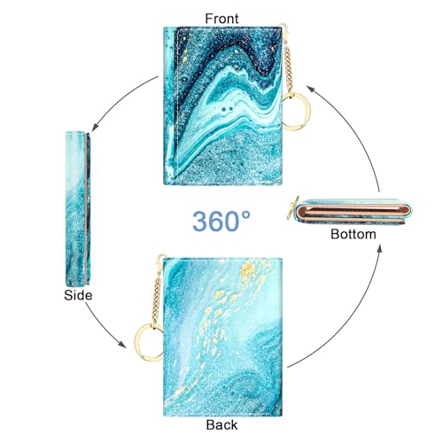 Image of Rouidr Womens Wallet, Small Slim RFID Card Wallets for Women, Cute Front Pocket Trifold Leather Card Organizer with 7 Slots & ID Window, Cyan Marble