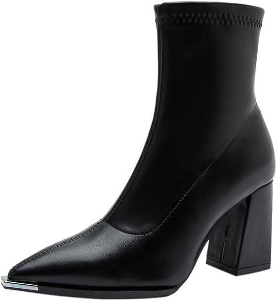 尖头2025年冬款冬季高跟女鞋高级感瘦瘦靴短靴98158-1 (黑色, 成人, 女士, 7.5, 数字, US 鞋码系统, M 码（中码）) Black