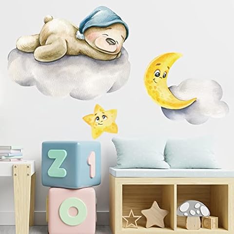 Cute Bear Sleeping Wall Stickers Baby Decor for Nursery Bear Wall Decals for Kids Bedroom Playroom Cover