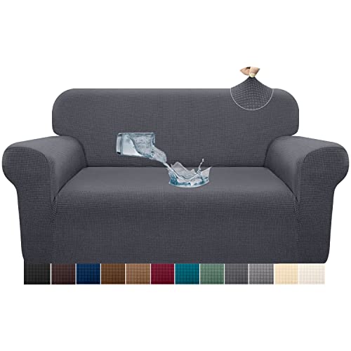 Kiduck Modern Water-Repellent Loveseat Cover for 2 Cushion Couch, Stylish Jacquard Pattern High Stretch Slipcover, Leakproof Furniture Protector with Elastic Bottom for Kids, Pets(Medium,Gray)