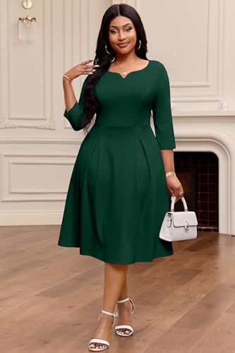 Image of Nmoder Fit-and-Flare Midi Dress V-Notch Neck Casual Dress Side Pockets | V-notch neckline;A-line swing silhouette; Soft breathable fabric; Perfect for church wedding guest work daily wear