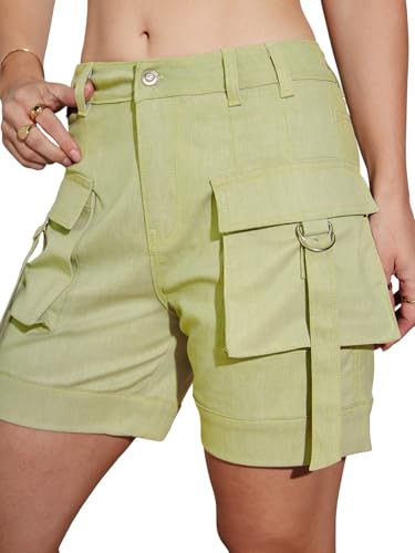 Image of Miss Chase Women's Olive Flared High-Rise Regular-Length Stretchable Denim Shorts (MCAW25DEN62-73-187-26, Olive, 26)