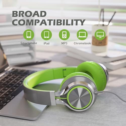 Image of AILIHEN C8 Headphones Wired, On-Ear Headphones with Microphone and Volume Control, Corded 3.5mm Headset for Boys Girl School Smartphones Chromebook Laptop Computer Tablets Airplane Travel (Grey /Green)