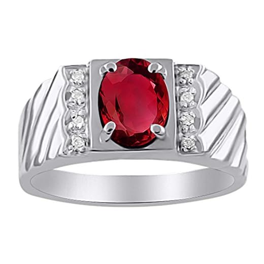 RYLOS Anillos para hombre de oro blanco de 14 quilates, anillo de diamantes y rubí simulado para hombre, 8 x 6 mm, piedras preciosas de color para hombres, joyas de oro