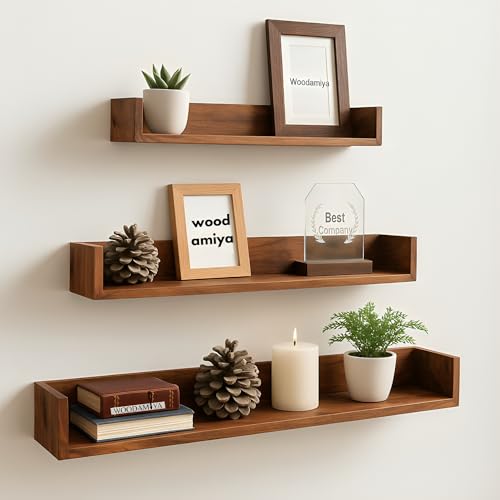 Image of Solid Wood 3-Tier Wall Shelf |Floating Wooden Display Rack for Living Room, Bedroom, Office & Hallway | Modern Minimal Wall Decor l Size - (28 /34 /46 x 5 x 3.5) Natural Finish