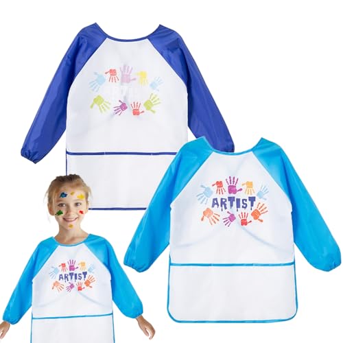 FEMONGY delantal niño 2 piezas bata pintura niños Impermeable bata escolar con mangas y 3 bolsillos babi escolar infantil, disfraz cocinero niño por antiguos 2–8 años (Palmprint)
