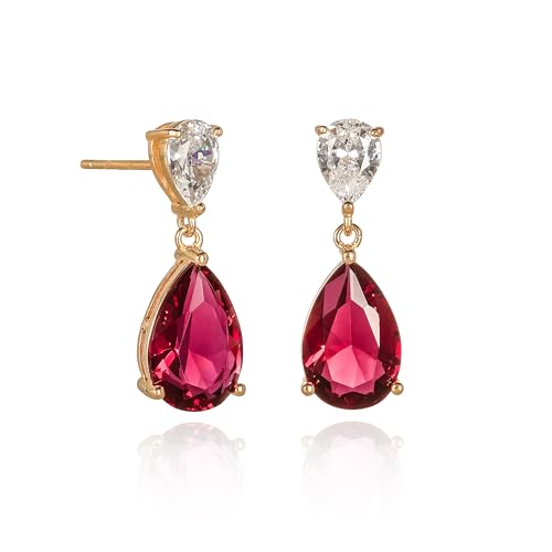 Diamond Treats Boucles d'Oreilles Pendantes Rouges en Poire pour Femme, Boucles d'Oreilles Or Jaune avec Pierres Rouges en Zircon, Boucles d'Oreilles Rouge...