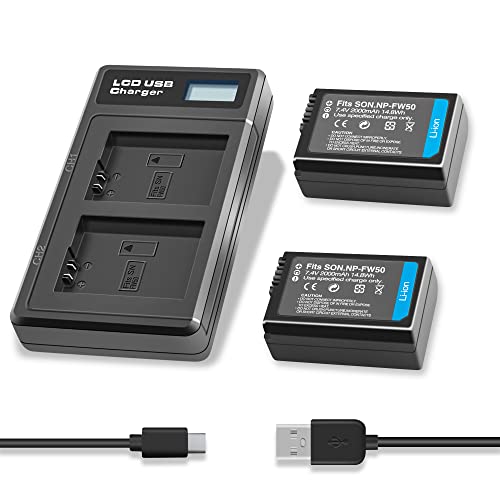 NATNO Batteries NP-FW50 2000mAh et Chargeur de Batterie pour Sony Alpha 6500 6400 6300 6000 7 7II 7R 7RII RS 7SII A7 A7II A7R A7RII A7S A7SII A6500 A6400 A6300...