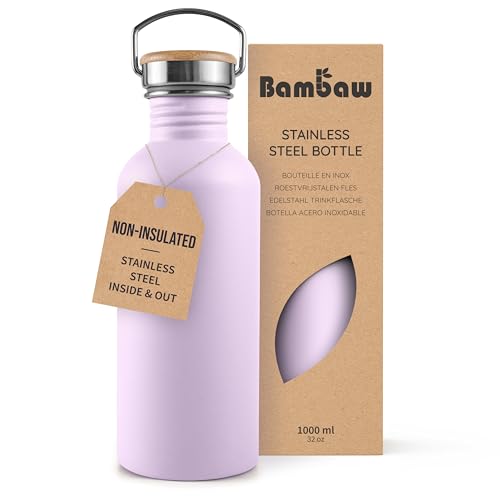 Image of Bambaw 32 oz Stainless Steel Water Bottle Lavender, Non Insulated Metal Water Bottle with Handle, Large, Stainless Steel - Lavender Haze