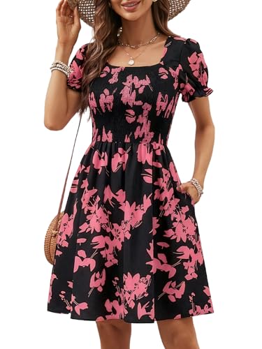 Image of Berydress Women's Summer Dresses 2026 Pockets Short Sleeve Square Neck Flowy A Line Casual Boho Smocked Mini Sun Dress