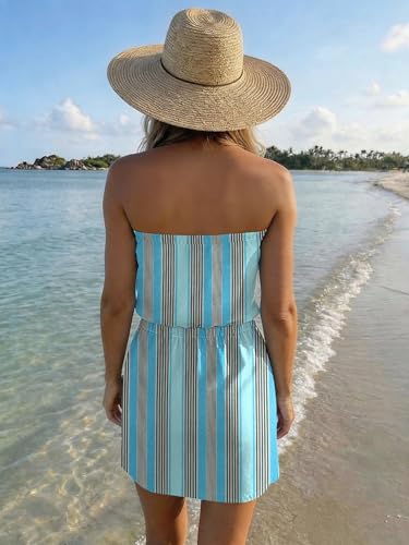 Image of Summer Dress for Women Strapless Beach Cover Ups Boho Sundress Mini Dress Drawstring Waist with Pockets