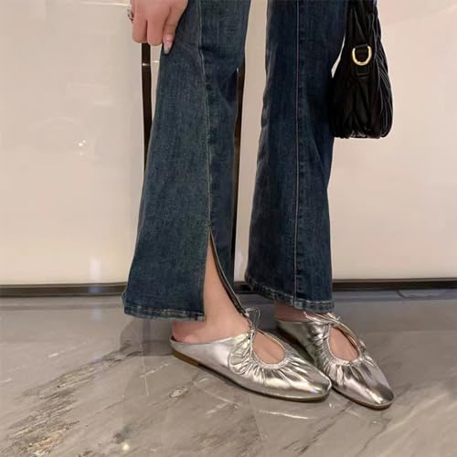 Women's Wrinkled Leather Lace Up Flat Mules Fashion Closed Square Toe Slip-On Slingback Ballet Flats Comfortable Casual Dressy Date Office Work Shoes3