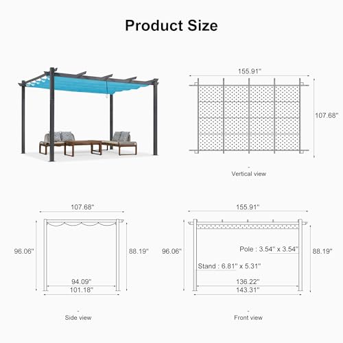PURPLE LEAF 9.5' X 13' Outdoor Retractable Pergola Against The Wall with Shade Canopy Patio Aluminum Shelter for Garden Pavilion Grill Gazebo Modern Backyard Metal Grape Trellis Pergola Turquoise Blue