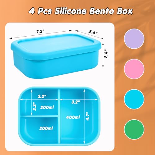 Image of Layhit 4 Pcs Silicone Bento Box for Adults, 27 oz Bento Lunch Container Reusable Food Container for Women Men, Leak Proof Microwave Dishwasher Freezer Safe (3 Compartments,Bright Colors)