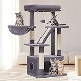 Taoqimiao Kratzbaum Klein, 97cm Katzen Kratzbaum Stabil Aktivitätskratzbäum KatzenKratzbaum Katzenmöbel mit Katzenhaus, Korb, 4 Kratzsäulen und Plüschbälle，Rauchgrau MS029SG