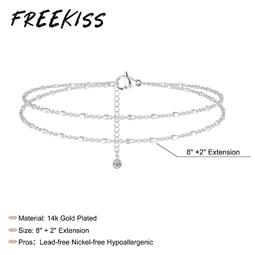 Image of Freekiss Sterling Silver Ankle Bracelets for Women: Dainty Layered Waterproof Anklet for Women Adjustable Womens Anklet Set Stackable Figaro Beaded Cuban Link Anklets Beach Jewelry for Women