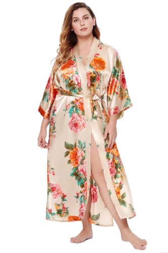 Image of BABEYOND Women's Kimono Robe Long Satin Silky Floral Lightweight Bridesmaid Wedding Bachelorette Party Robe