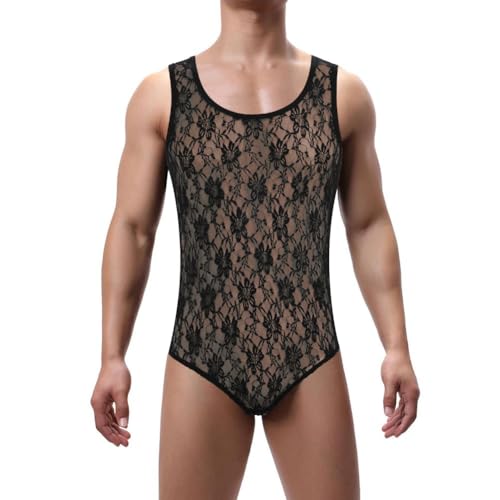 FYMNSI Men's Sheer Lace Bodysuit Leotard One Piece See Through Lingerie Floral Wrestling Singlet Sissy Crossdresser Pajamas