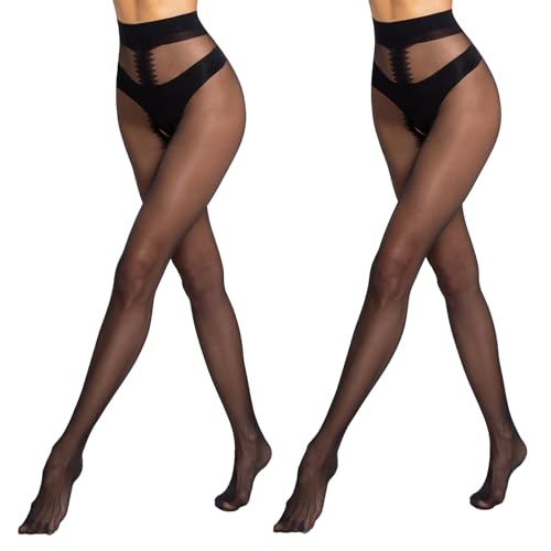 Yilanmy Strumpfhose mit offenem Schritt 30 Den Transparente Nylon Strumpfhosen für Damen Feinstrumpfhose 2 Paar (Schwarz)
