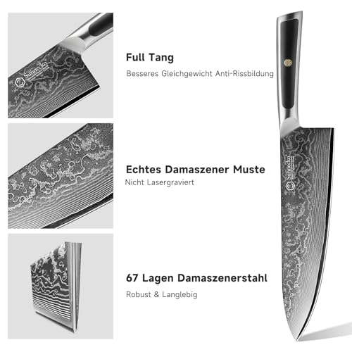Sunnecko Damastmesser 20cm Kochmesser Küchenmesser - Scharf Messer aus Damaststahl, Damast...