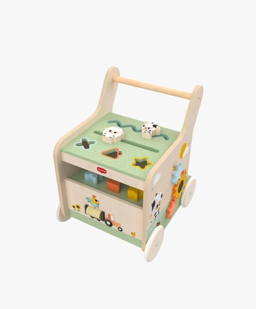 Tiny Love Push & Play Holz-Lauflernwagen, Drehräder, Track & Trace Aktivitäten, farbenfrohe Elemente, fördert motorische und kognitive Entwicklung, stabiler Holz-Lauflernwagen, Farmers Funday