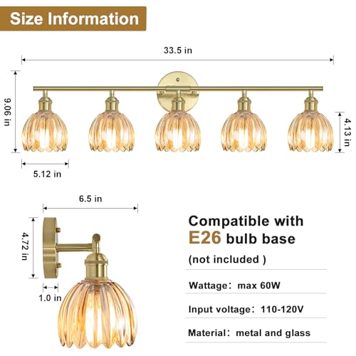 Image of Vintage Bathroom Light fixtures, Gold Vanity Lights, ETL Certified
