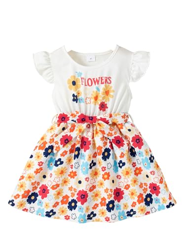 Girls Ruffle Trim Short Sleeve Dress Print A-line Swing Flared Casual Party Dress