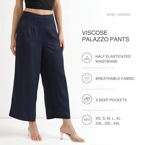 Image of SAADAA Palazzo Pants for Women Half-Elasticated Waistband | Palazzo for Women in Soft Viscose Fabric | Regular Fit with Mid Rise Waist & Deep Pockets | Versatile for Formal & Casual Wear