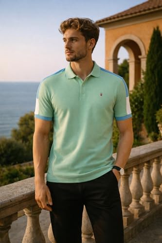 Image of Louis Philippe Men's Slim Fit Premium High-End Pique in Superior Cotton Cut & Sew Design Color Block Shoulder Half Sleeve Polo Tshirt