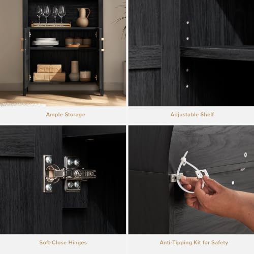mopio Lauren 65.4" Short Arched Cabinet, 5-Tier Arched Bookcase with Doors and Shelves, Mini Arch Bookshelf with Storage, Wooden Storage Cabinet for Living Room and Kitchen Pantry (Black) - Thumbnail 4