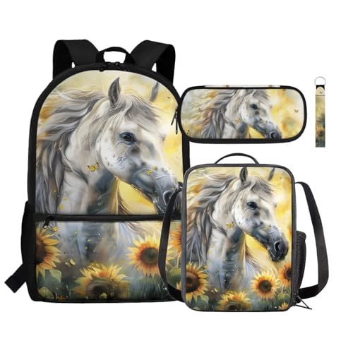 Zaino per bambini borsa termica per il pranzo portapenne astuccio da polso con cordino e portachiavi set 4 in 1 per il rientro a scuola Farfalla Cavallo Girasole Taglia unica Zaini