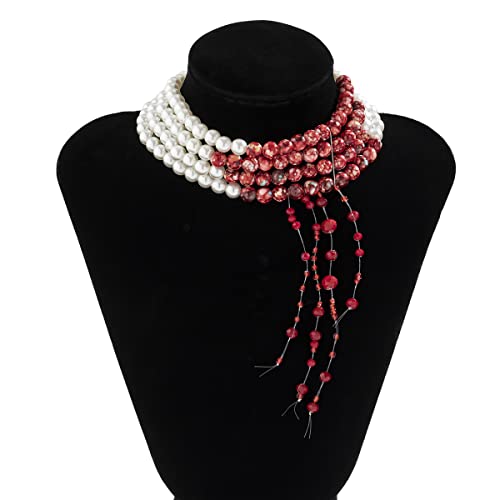 Ouhoe Dripping Blood Imitation Pearls Halloween Party Necklace Vampire Costume Accessory, Bloody Pearl Necklace Choker, Horror Gothic Jewellery (A) #TOP3