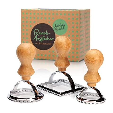 bambuswald © Plastic-Free Ravioli Cutters (3 Pieces) with Bamboo Handle | Ravioli Stamp, Ravioli Former for Dumplings maultaschen Pasta gyoza Pierogi | Ravioli Cutter Biscuit Cutter Cover