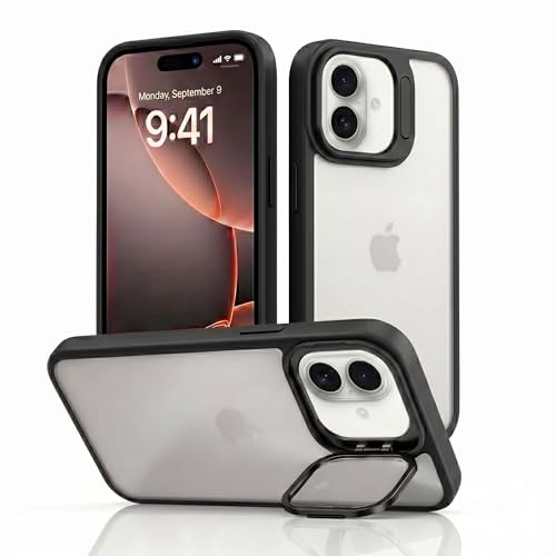 Image of amazon basics Frosted Matte Case for iPhone 17 | Built-in Flip-Out Camera Lens Stand | Translucent Back with Contrast Black Bumper | Shockproof Protective Cover with Foldable Kickstand