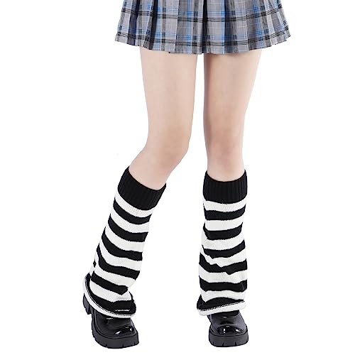 Durio Warme Stulpen Damen Gestrickte leg warmers y2k lange Beinwärmer für Cosplay Halloween Party und Yoga japanische sommer dünne beinstulpen Gothic socken damen - Schwarze und Weiße Streifen