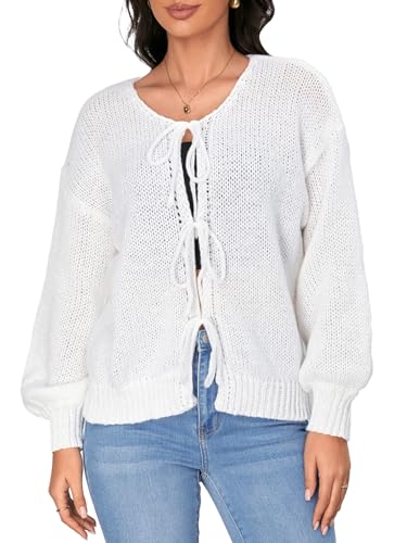 Verdusa Women's Bow Tie Front Bishop Long Sleeve V Neck Knitted Cardigan Sweater