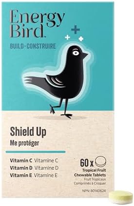 Energy Bird: Shield Up Chewable | Immune Support Supplement | Vitamin C | Vitamin E | Vitamin D | Antioxidants | Tropical Fruit Flavour | 60 tablets