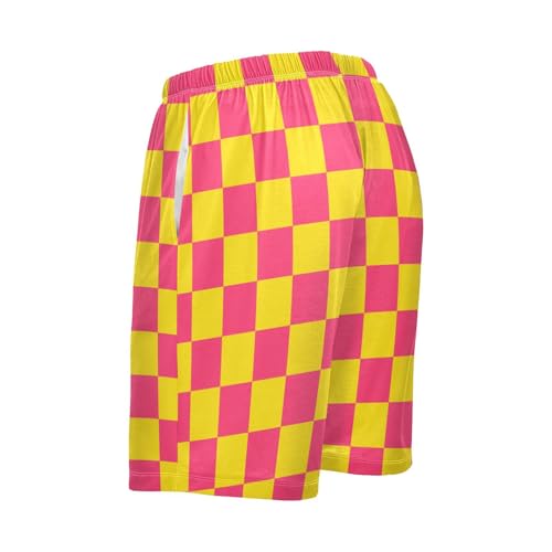 Men's Red Yellow Buffalo Checkered Pajama Shorts with Pocket and Drawstring S3