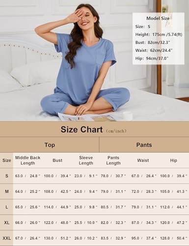 Marvmys Womens Short Sleeve Pajama Set Two Piece Summer Sleepwear V Neck Capri Pj Lounge Set with Pockets Blue 2XL — view 6