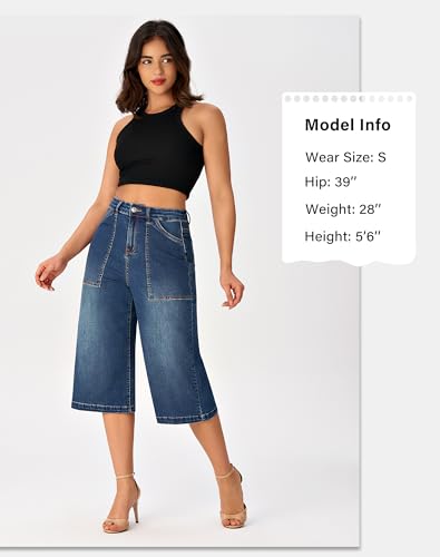 roswear Women’s Wide Leg Capri Pants Stretchy High Waisted Loose Denim Jeans2