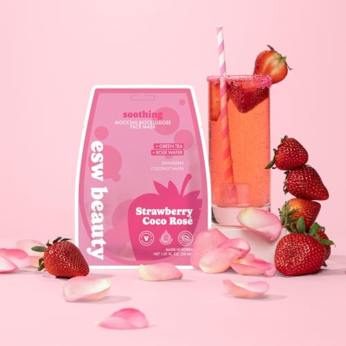 ESW Beauty Strawberry Coco Rosé Soothing Face Mask - Hydrating, Calming, Vegan Face Mask with Coconut Water, Green Tea, & Strawberry Extract for Sensitive Skin - Bachelorette Gifts 3-Pack