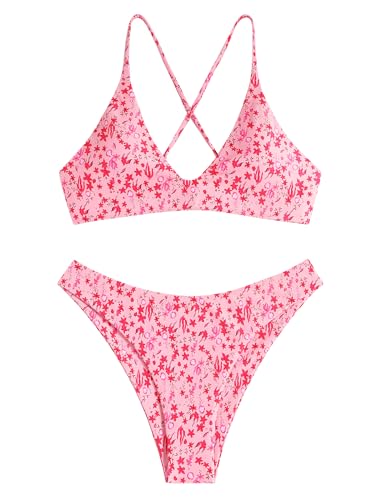 Image of ZAFUL Women's Tie Back Padded High Cut Bralette Bikini Set Two Piece Swimsuit