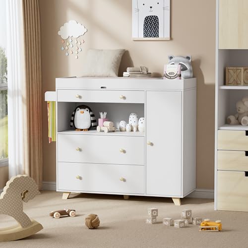 Image of PAKASEPT Changing Table with Wide Table Top, Modern Storage Dresser Chest with 3 Drawers & Storage Cabinet, White Drawer Dresser