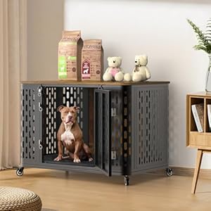Dog Crate with Cushion 38 Wood Heavy Duty Dog Crate Furniture with Flip Top Wheels for High Anxiety Dogs Escape Proof Pet Cage for SmallMedium Dogs