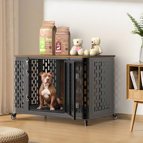 Dog-Crate-with-Cushion-38-Wood-Heavy-Duty-Dog-Crate-Furniture-with-Flip-Top-Wheels-for-High-Anxiety-Dogs-Escape-Proof-Pet-Cage-for-SmallMedium-Dogs Dog Crate with Cushion 38 Wood Heavy Duty Dog Crate Furniture with Flip Top Wheels for High Anxiety Dogs Escape Proof Pet Cage for SmallMedium Dogs