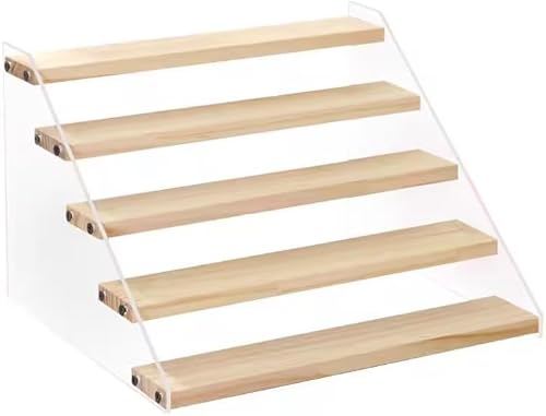 BYCY Soporte de exhibición de madera de 5 niveles de acrílico transparente para perfumes, figuras pop, joyas, cupcakes, especias, postres (1 unidad) BYCY Soporte de exhibición de madera de 5 niveles de acrílico transparente para perfumes, figuras pop, joyas, cupcakes, especias, postres (1 unidad)