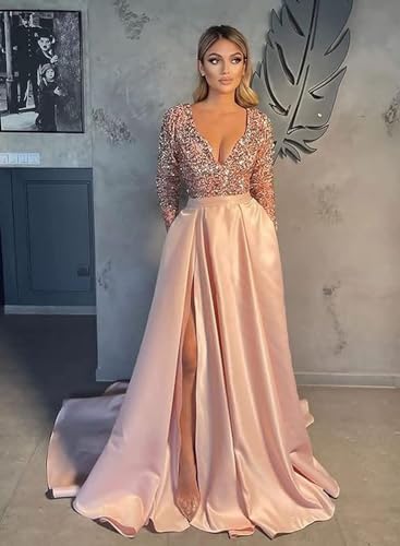 Women's Sparkly Sequin Prom Dress with Pockets Long Sleeve Ball Gown Satin Formal Evening Dress with Slit UU563